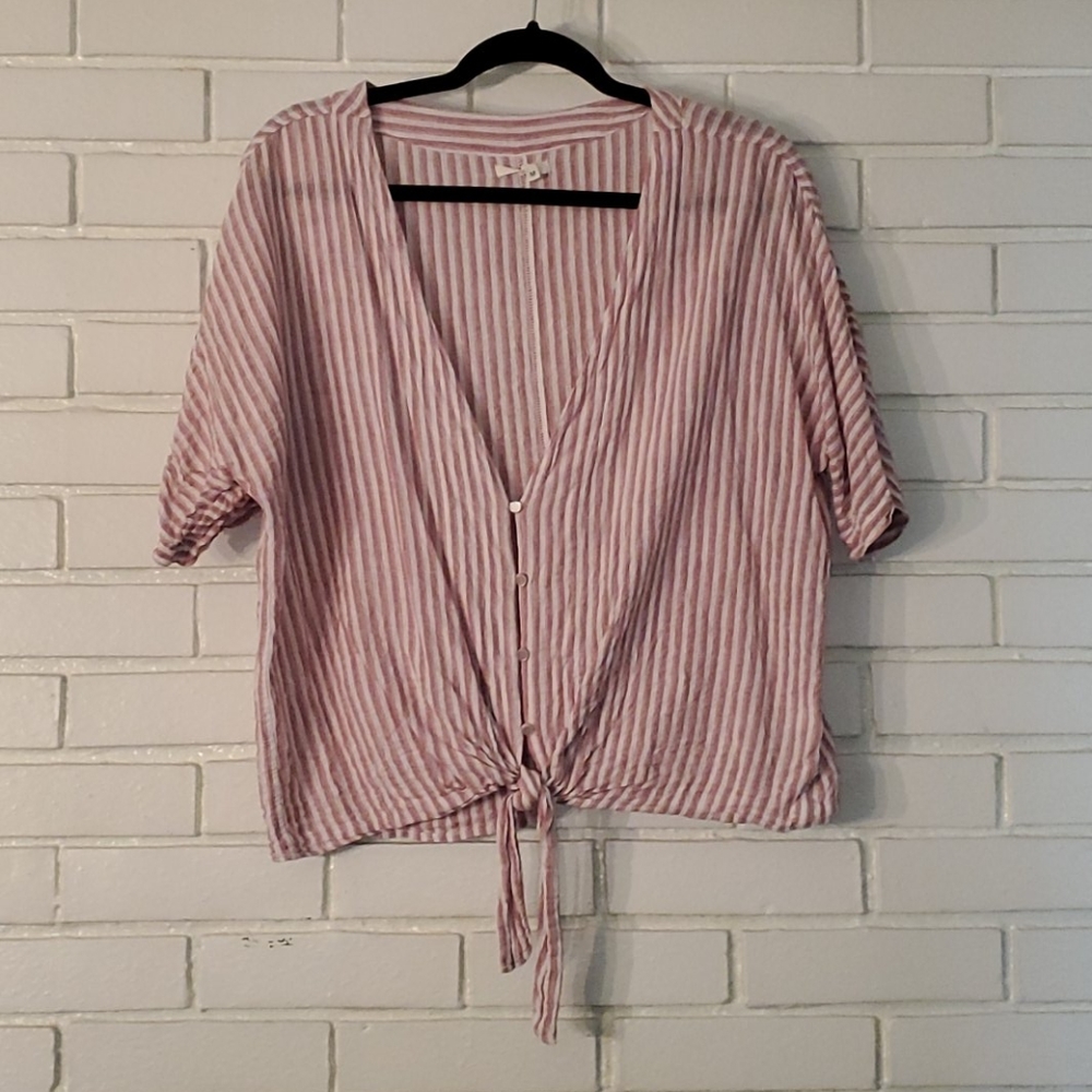 Stripe tie front linen like top